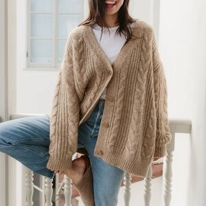 Jenni Kayne Cable Cocoon Cardigan Sweater Alpaca Wool Fisherman Classic Tan L